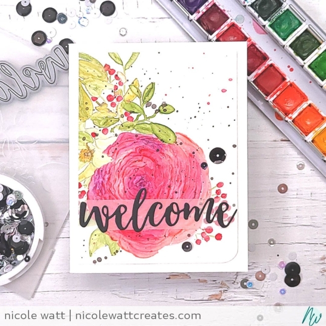 greeting card featuring altenew ranunculus embossing folder and watercolor