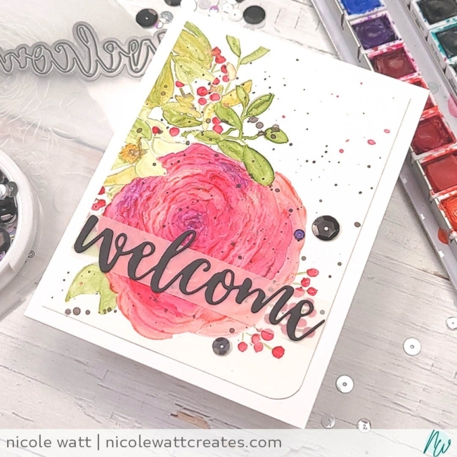 greeting card featuring altenew ranunculus embossing folder and watercolor