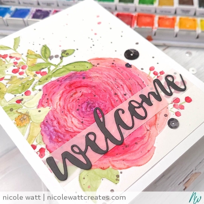 greeting card featuring altenew ranunculus embossing folder and watercolor