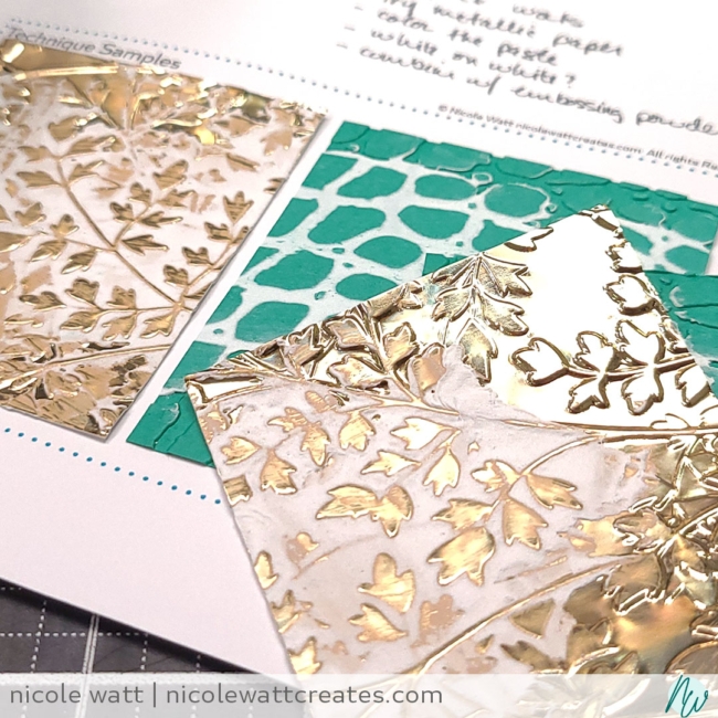 Image of a technique combining embossing paste and embossing folders (dry embossing), by Nicole Watt at Nicole Watt Creates