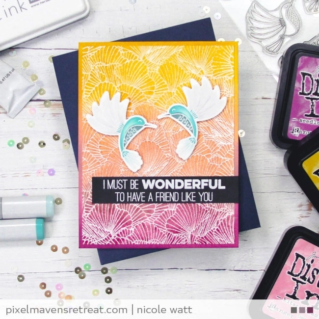 greeting card featuring my favorite things coral flair happy hummingbirds