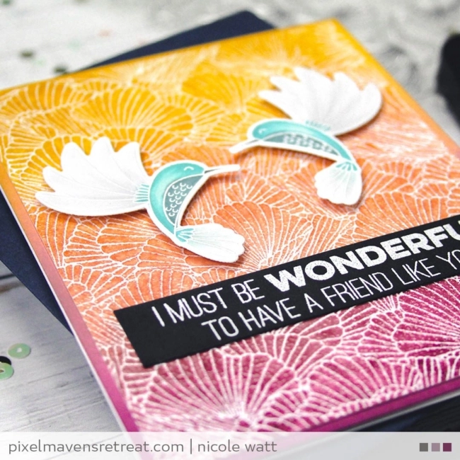 greeting card featuring my favorite things coral flair happy hummingbirds