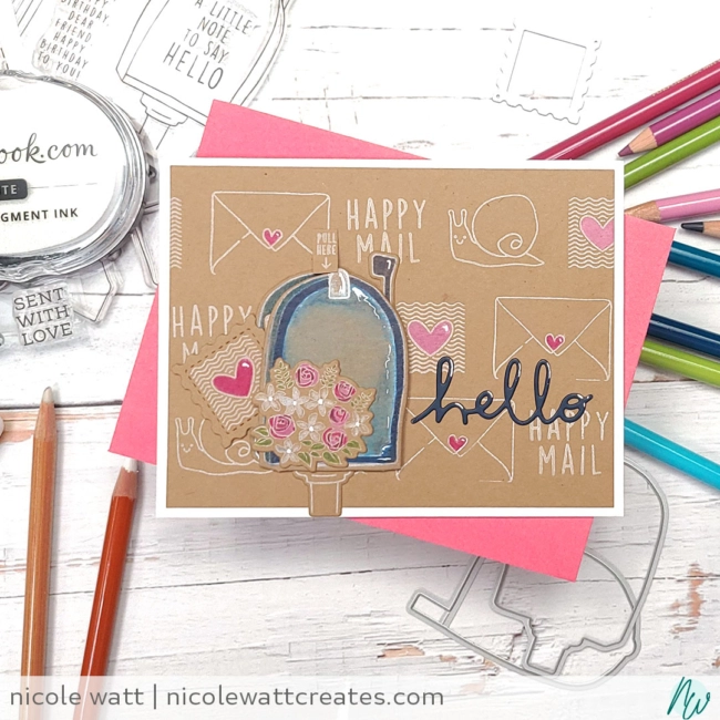 greeting card featuring concord & 9th mail drop interactive stamp set and white on kraft with colored pencil coloring techniques by Nicole Watt