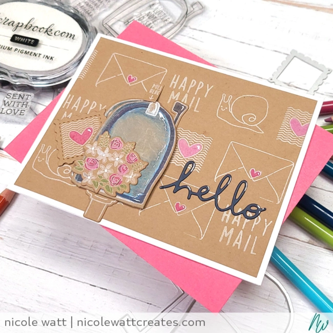 greeting card featuring concord & 9th mail drop interactive stamp set and white on kraft with colored pencil coloring techniques by Nicole Watt