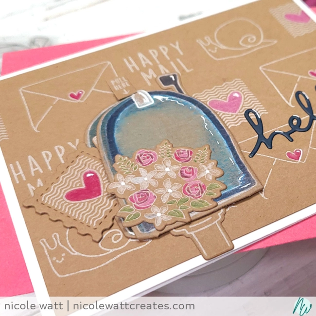 greeting card featuring concord & 9th mail drop interactive stamp set and white on kraft with colored pencil coloring techniques by Nicole Watt